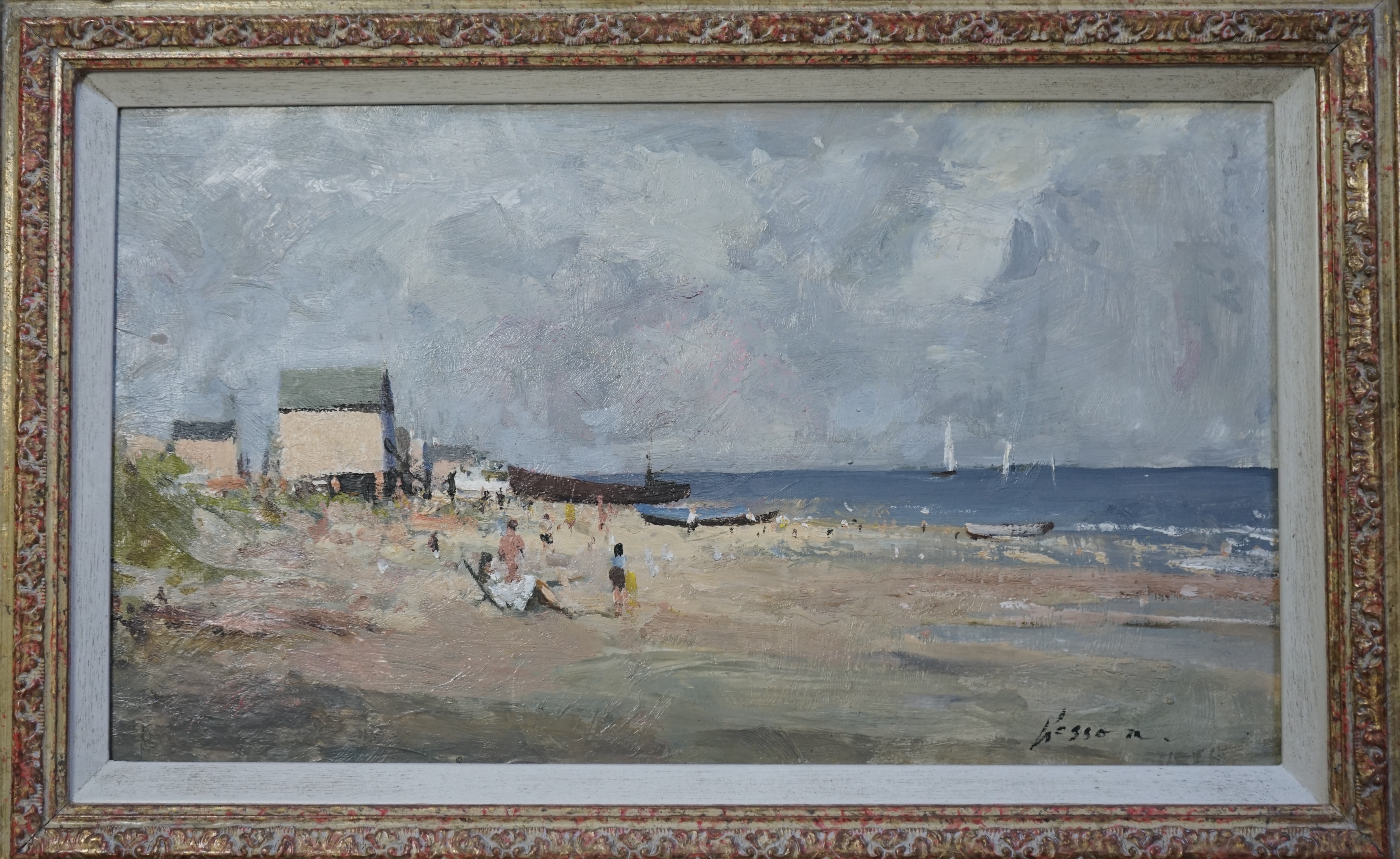 Edward Wesson (English, 1910-1983), 'Holiday beach - Plage de Vacances', oil on board, 21 x 37cm